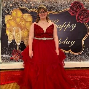 I’m am selling the big red ball gown. It is a size 22. Only worn twice.